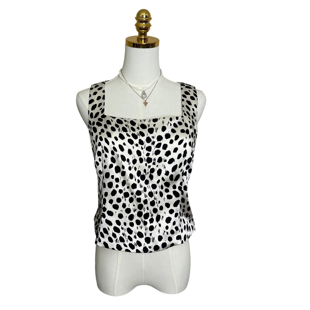 Carlisle 100% Silk Tank Top Dalmatian Print Black White Square Neck Sleeveless 6